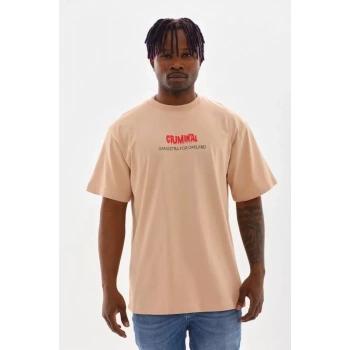 Biçomi Unisex Baskılı Oversize T-Shirt - Bej