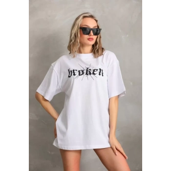 Biçomi Unisex Baskılı Oversize T-Shirt - Beyaz