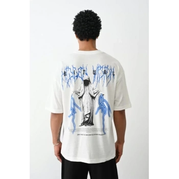 Biçomi Unisex Baskılı Oversize T-Shirt - Beyaz
