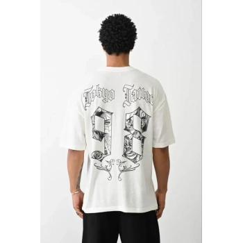 Biçomi Unisex Baskılı Oversize T-Shirt - Beyaz