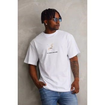 Biçomi Unisex Baskılı Oversize T-Shirt - Beyaz