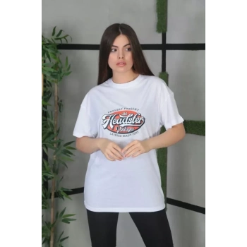 Biçomi Unisex Baskılı Oversize T-Shirt - Beyaz