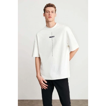 Biçomi Unisex Baskılı Oversize T-Shirt - Beyaz