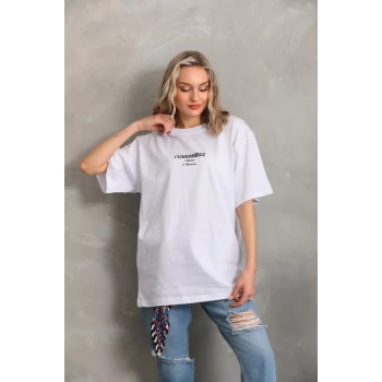 Biçomi Unisex Baskılı Oversize T-Shirt - Beyaz