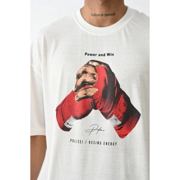 Biçomi Unisex Baskılı Oversize T-Shirt - Beyaz