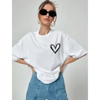 Biçomi Unisex Baskılı Oversize T-Shirt - Beyaz