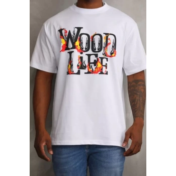 Biçomi Unisex Baskılı Oversize T-Shirt - Beyaz