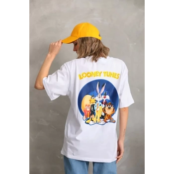 Biçomi Unisex Baskılı Oversize T-Shirt - Beyaz