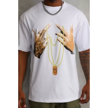 Biçomi Unisex Baskılı Oversize T-Shirt - Beyaz