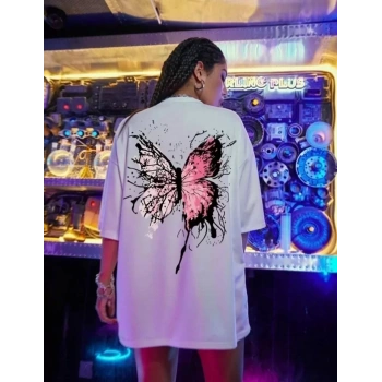 Biçomi Unisex Baskılı Oversize T-Shirt - Beyaz