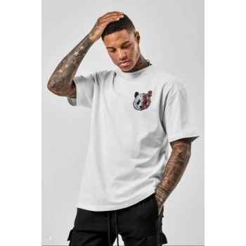 Biçomi Unisex Baskılı Oversize T-Shirt - Beyaz