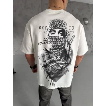 Biçomi Unisex Baskılı Oversize T-Shirt - Beyaz