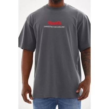 Biçomi Unisex Baskılı Oversize T-Shirt - Füme