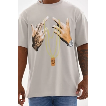 Biçomi Unisex Baskılı Oversize T-Shirt - Gri
