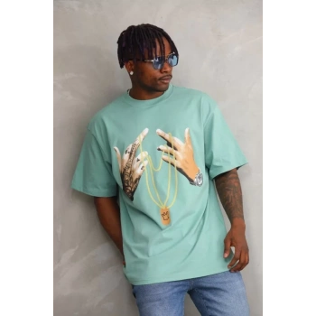Biçomi Unisex Baskılı Oversize T-Shirt - Mint Yeşili
