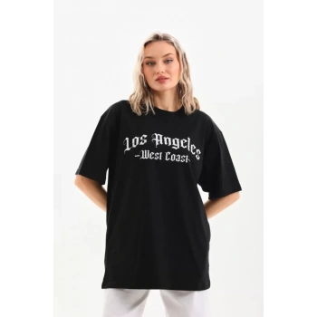 Biçomi Unisex Baskılı Oversize T-Shirt - Siyah