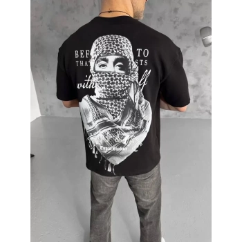 Biçomi Unisex Baskılı Oversize T-Shirt - Siyah