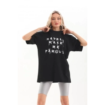 Biçomi Unisex Baskılı Oversize T-Shirt - Siyah