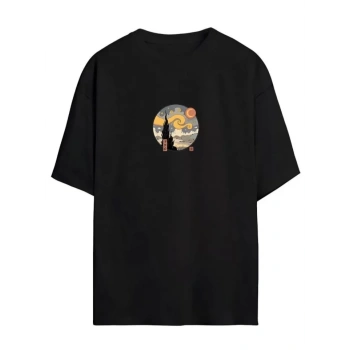 Biçomi Unisex Baskılı Oversize T-Shirt - Siyah