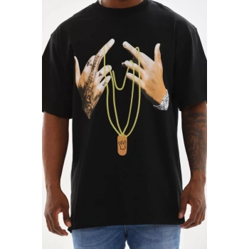 Biçomi Unisex Baskılı Oversize T-Shirt - Siyah