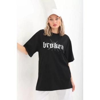 Biçomi Unisex Baskılı Oversize T-Shirt - Siyah