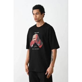 Biçomi Unisex Baskılı Oversize T-Shirt - Siyah
