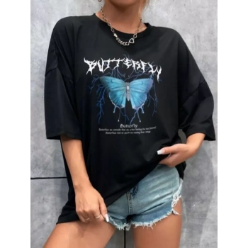Biçomi Unisex Baskılı Oversize T-Shirt - Siyah