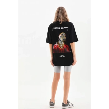 Biçomi Unisex Baskılı Oversize T-Shirt - Siyah