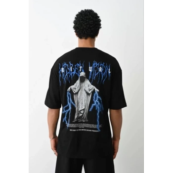 Biçomi Unisex Baskılı Oversize T-Shirt - Siyah
