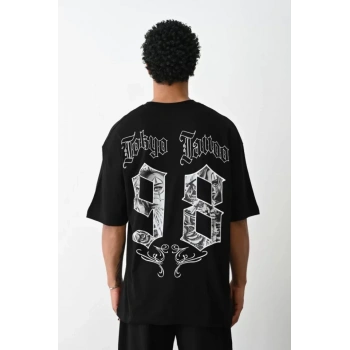 Biçomi Unisex Baskılı Oversize T-Shirt - Siyah