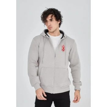 Biçomi Unisex Baskılı Tam Fermuarlı Kapşonlu SweatShirt - Boyalı Gri