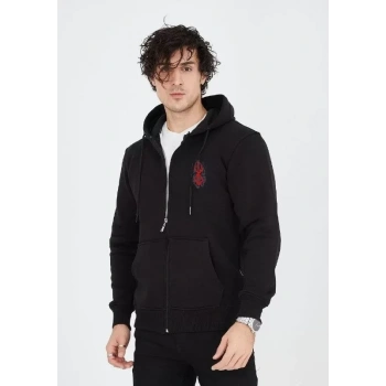 Biçomi Unisex Baskılı Tam Fermuarlı Kapşonlu SweatShirt - Siyah