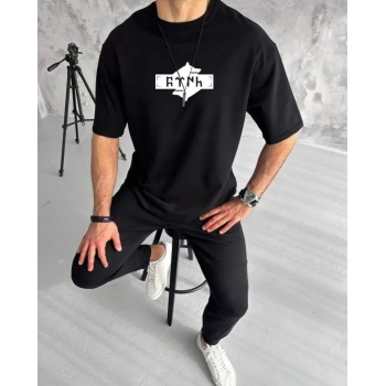 Biçomi Unisex Bisiklet Yaka Baskılı Double Oversize T-Shirt - Siyah