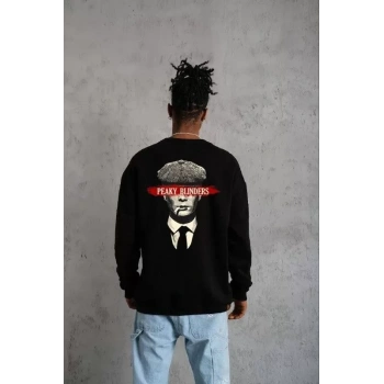 Biçomi Unisex Bisiklet Yaka Baskılı Oversize Sweatshirt - Siyah