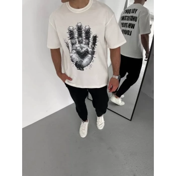 Biçomi Unisex Bisiklet Yaka Baskılı Oversize T-Shirt - Beyaz