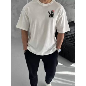 Biçomi Unisex Bisiklet Yaka Baskılı Oversize T-Shirt - Beyaz