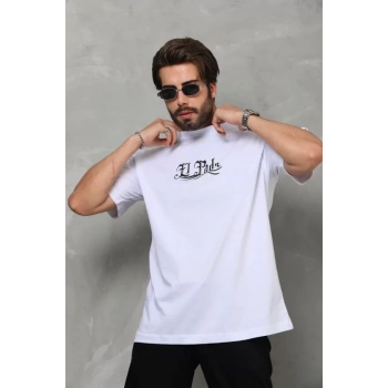 Biçomi Unisex Bisiklet Yaka Baskılı Oversize T-Shirt - Beyaz