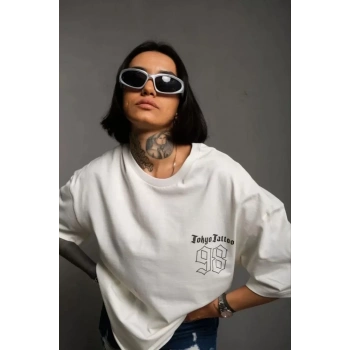 Biçomi Unisex Bisiklet Yaka Baskılı Oversize T-Shirt - Beyaz