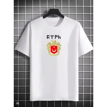Biçomi Unisex Bisiklet Yaka Baskılı Oversize T-Shirt - Beyaz