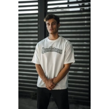 Biçomi Unisex Bisiklet Yaka Baskılı Oversize T-Shirt - Beyaz