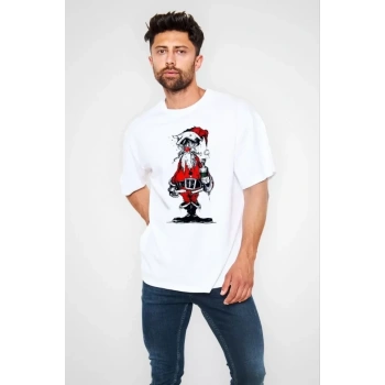 Biçomi Unisex Bisiklet Yaka Baskılı Oversize T-Shirt - Beyaz