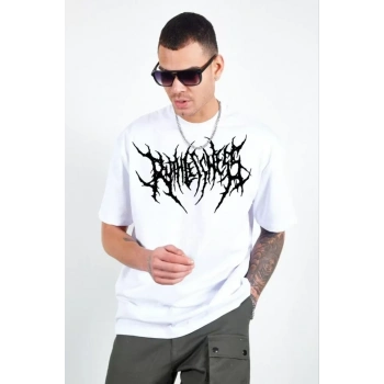 Biçomi Unisex Bisiklet Yaka Baskılı Oversize T-Shirt - Beyaz