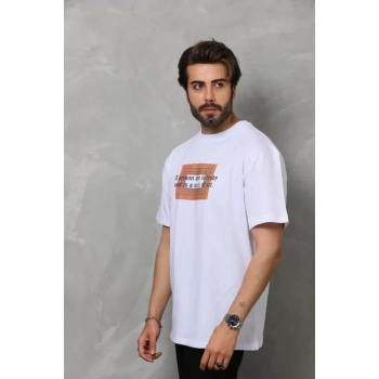 Biçomi Unisex Bisiklet Yaka Baskılı Oversize T-Shirt - Beyaz