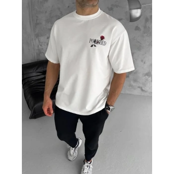 Biçomi Unisex Bisiklet Yaka Baskılı Oversize T-Shirt - Beyaz