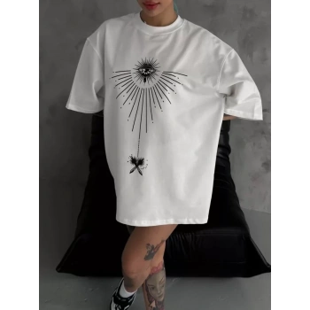 Biçomi Unisex Bisiklet Yaka Baskılı Oversize T-Shirt - Beyaz