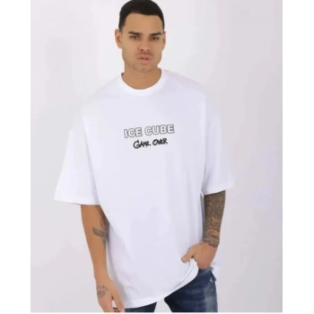 Biçomi Unisex Bisiklet Yaka Baskılı Oversize T-Shirt - Beyaz