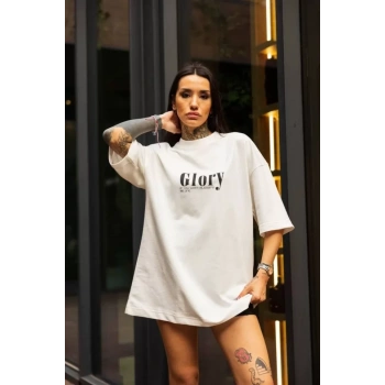 Biçomi Unisex Bisiklet Yaka Baskılı Oversize T-Shirt - Beyaz