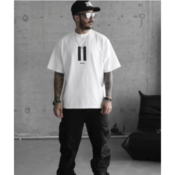 Biçomi Unisex Bisiklet Yaka Baskılı Oversize T-Shirt - Beyaz
