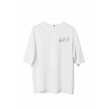 Biçomi Unisex Bisiklet Yaka Baskılı Oversize T-Shirt - Beyaz