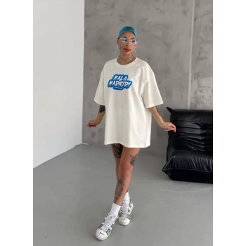 Biçomi Unisex Bisiklet Yaka Baskılı Oversize T-Shirt - Beyaz